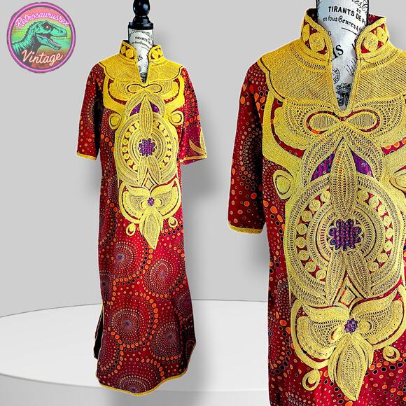 Vintage 1960’s / 1970’s Bohemian Goddess Polka Dot Dashiki Caftan Maxi Dress - Picture 1 of 8